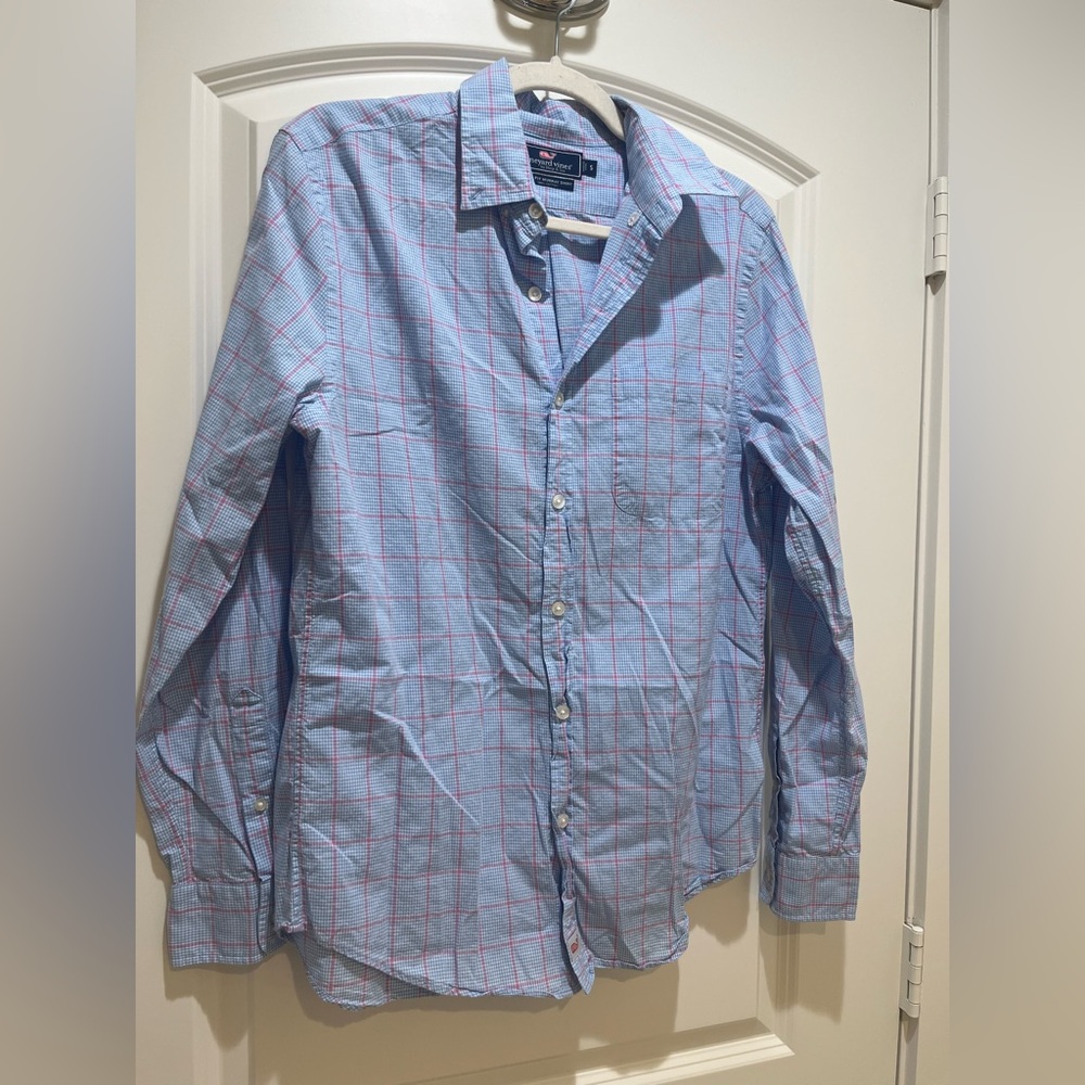 Vineyard Vines Men's Blue and Pink Plaid Shirt